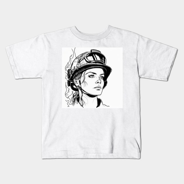 Black and white portrait line art of female firefighter Kids T-Shirt by Danielleroyer